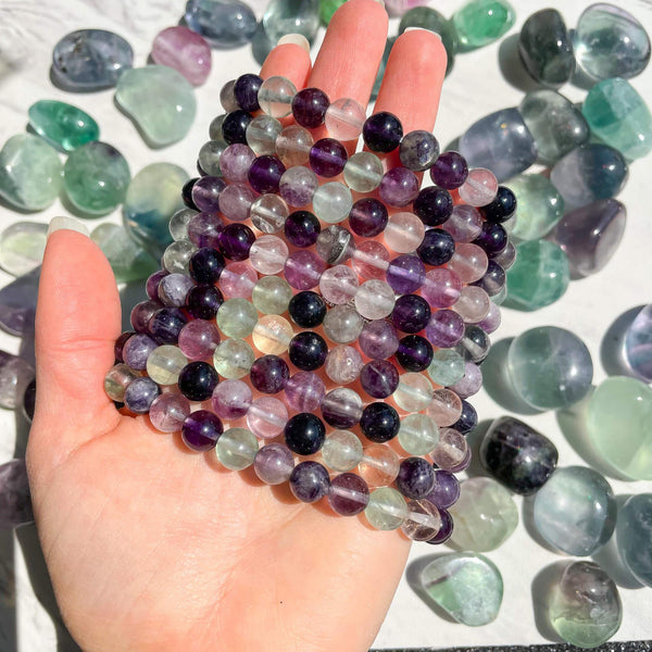 Multicolor Fluorite Round Gemstone Stretch Bracelet – 7.5 Inch – Natural Beads 4-12mm