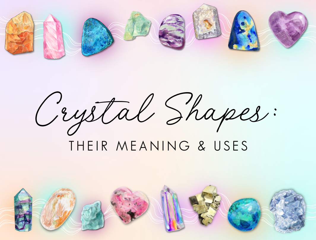 A variety of different crystal shapes illustrated in watercolor.