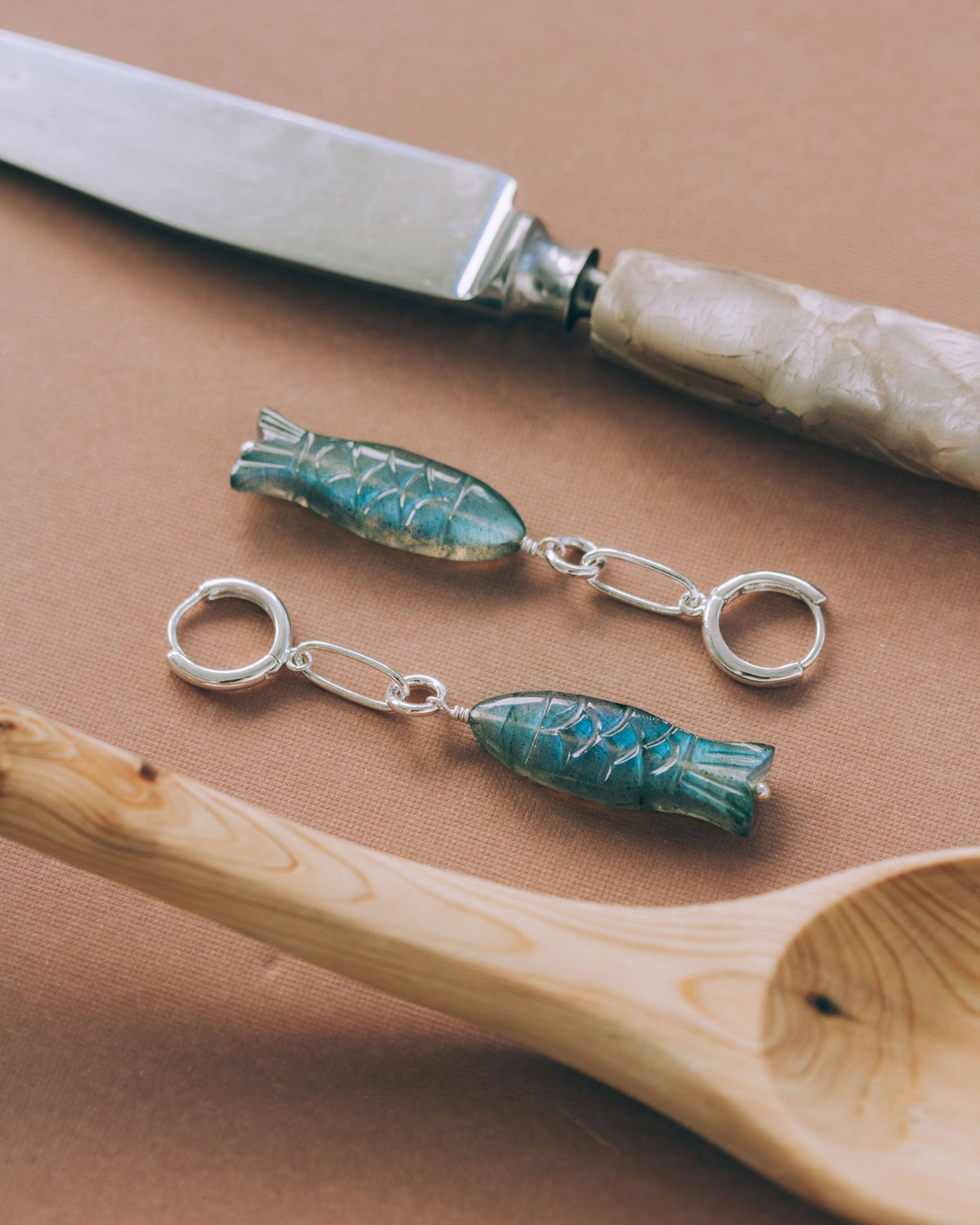 La Sirena (Labradorite Fish) Silver Huggie Hoop Earrings