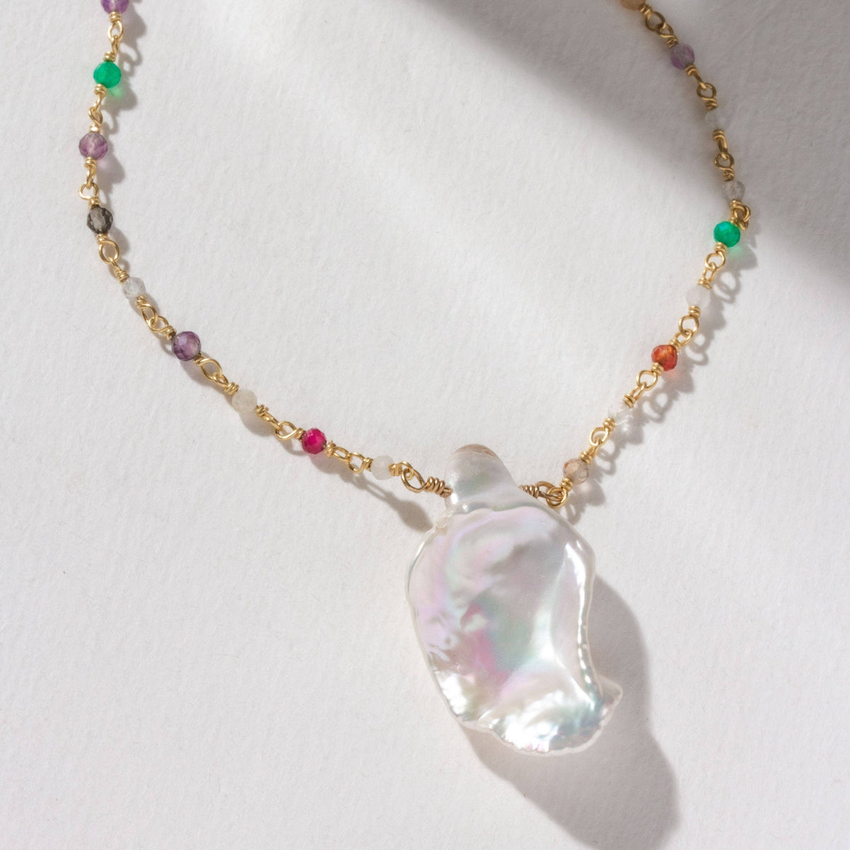 Colorful Keshi Pearl Gemstone &amp; Gold Necklace