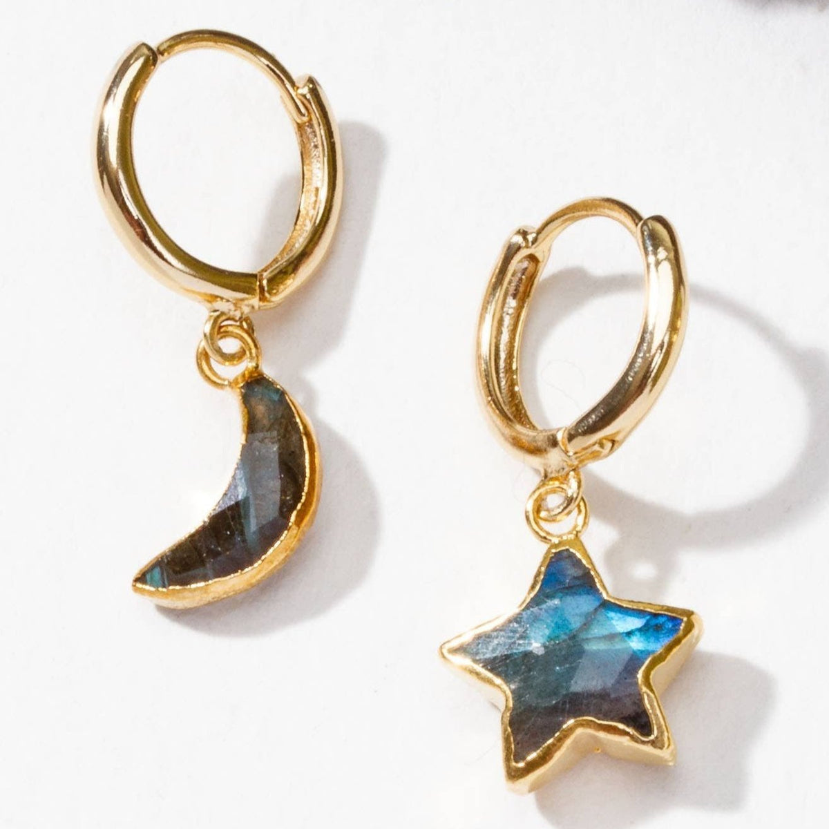 Labradorite Mismatched Gold Hoop Earrings