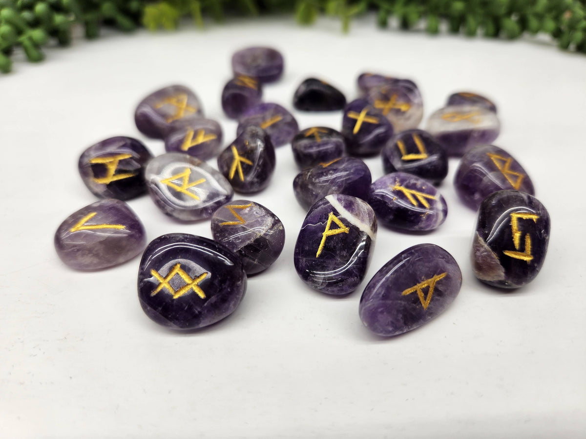 Chevron Amethyst Gemstone Rune Sets with Velvet Pouch