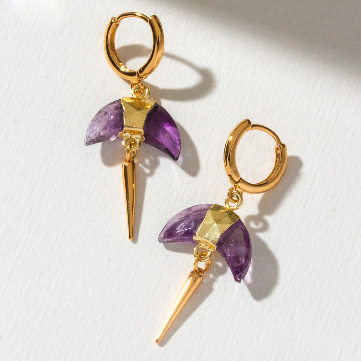 Crescent Moon Amethyst Huggie Hoop Earrings