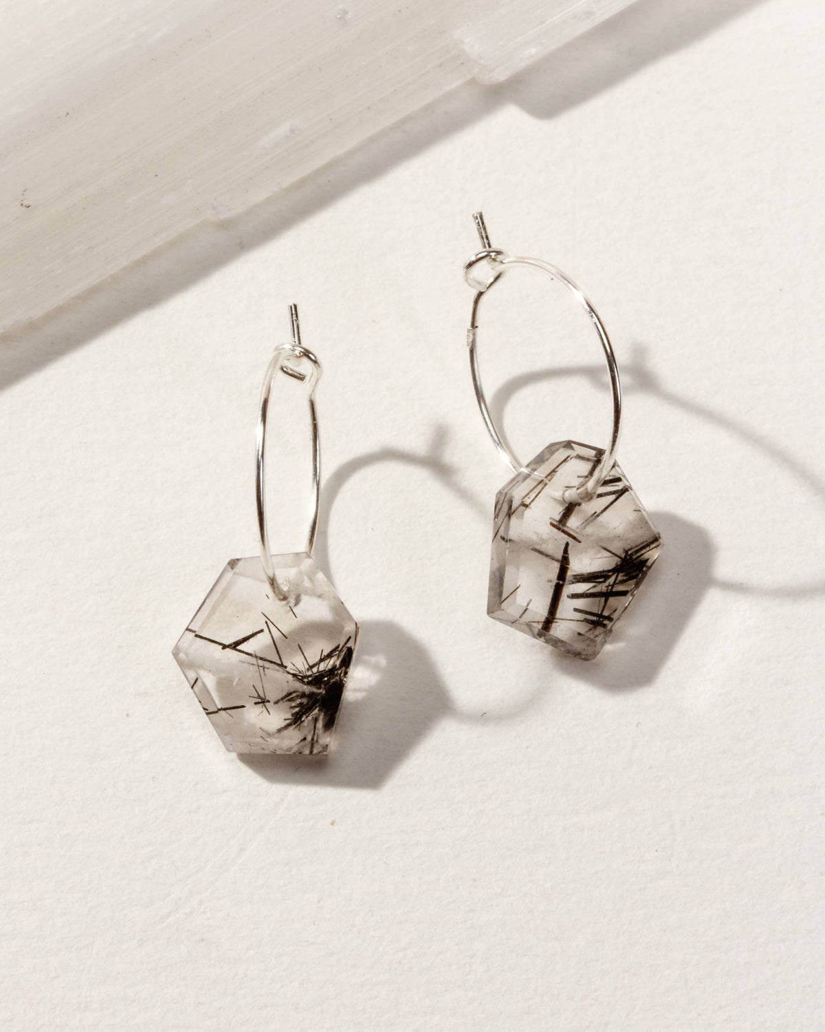 Black Tourmaline in Quartz Geometric Mini Hoop Earring