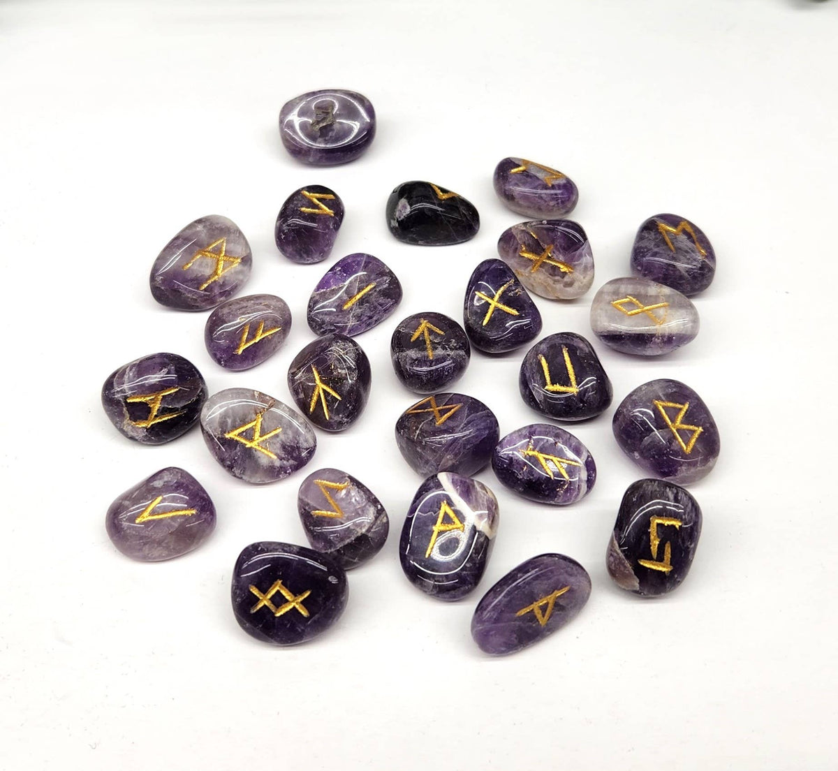 Chevron Amethyst Gemstone Rune Sets with Velvet Pouch