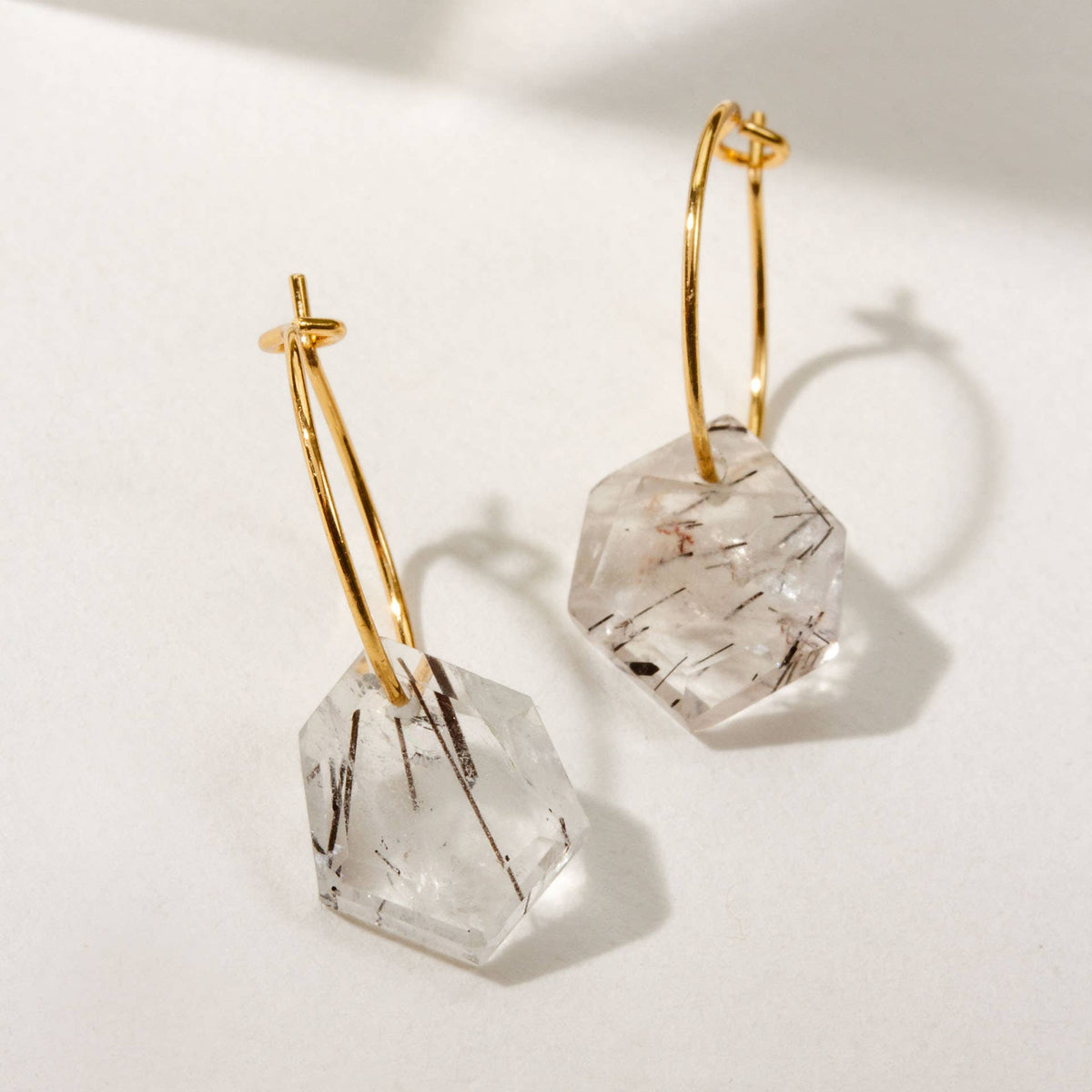 Black Tourmaline in Quartz Geometric Mini Hoop Earrings - Gold