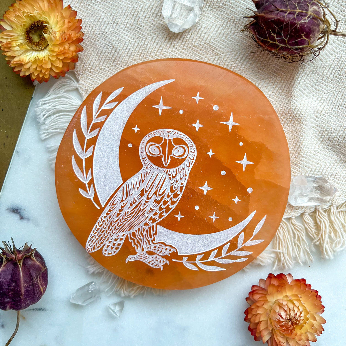 &quot;Owl Moon&quot; Peach Selenite Charging Plate