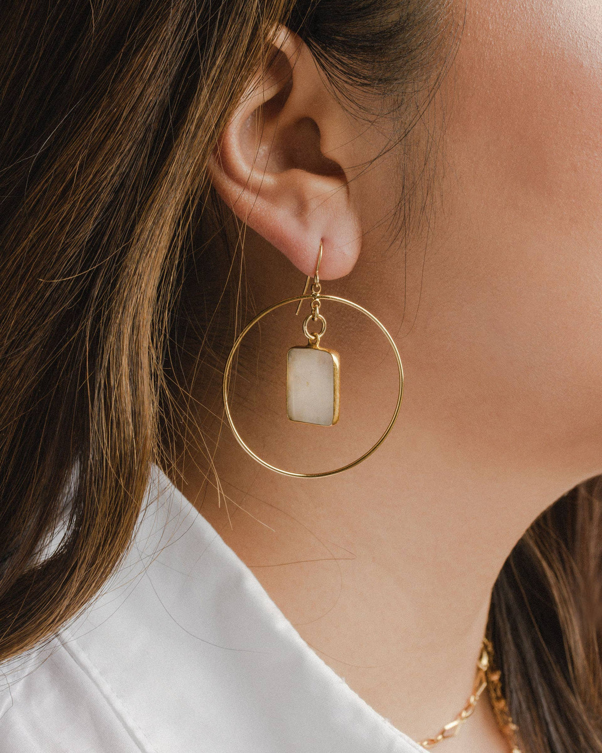 Rainbow Moonstone Gold Hoop Earrings