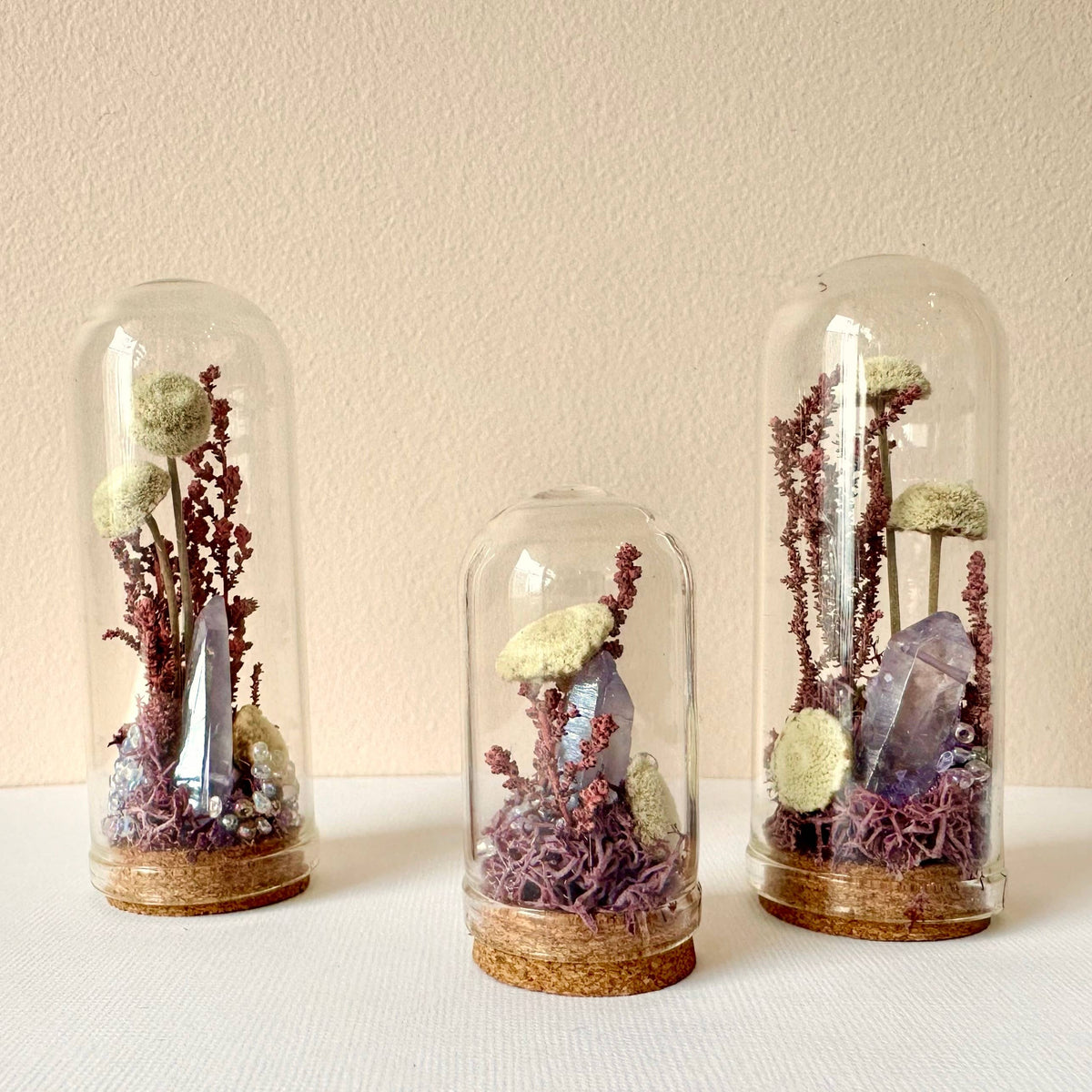 Purple Crystal Fairy Garden Mini Glass Cloche Terrarium