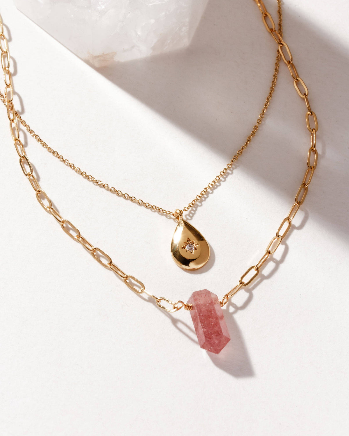 Golden Drip Necklace Set - Strawberry Quartz