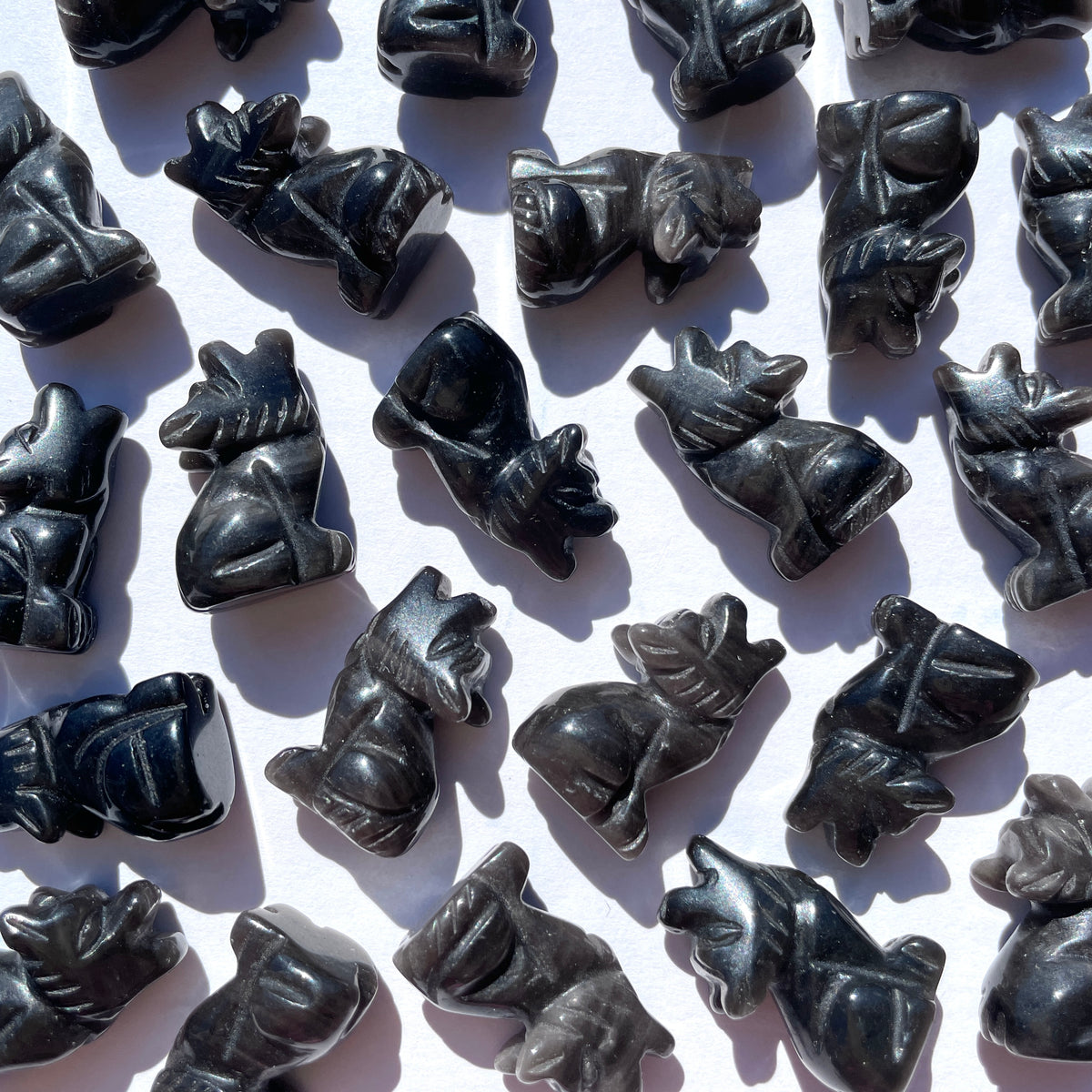 Silver Sheen Obsidian Wolf Carvings - Mini