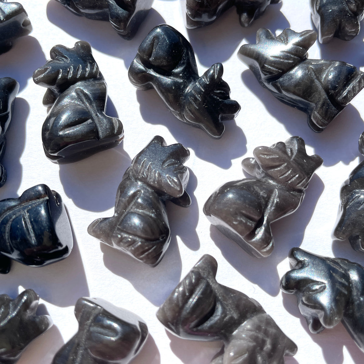 Silver Sheen Obsidian Wolf Carvings - Mini