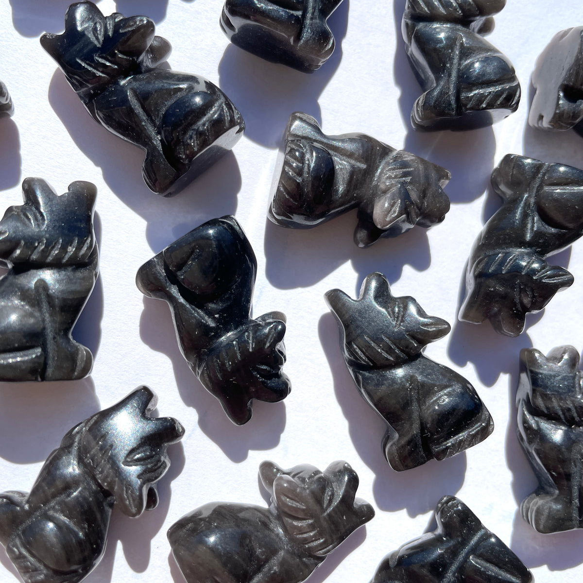 Silver Sheen Obsidian Wolf Carvings - Mini
