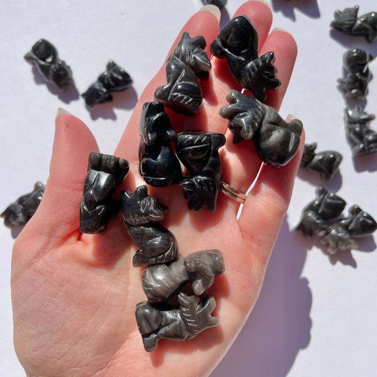 Silver Sheen Obsidian Wolf Carvings - Mini
