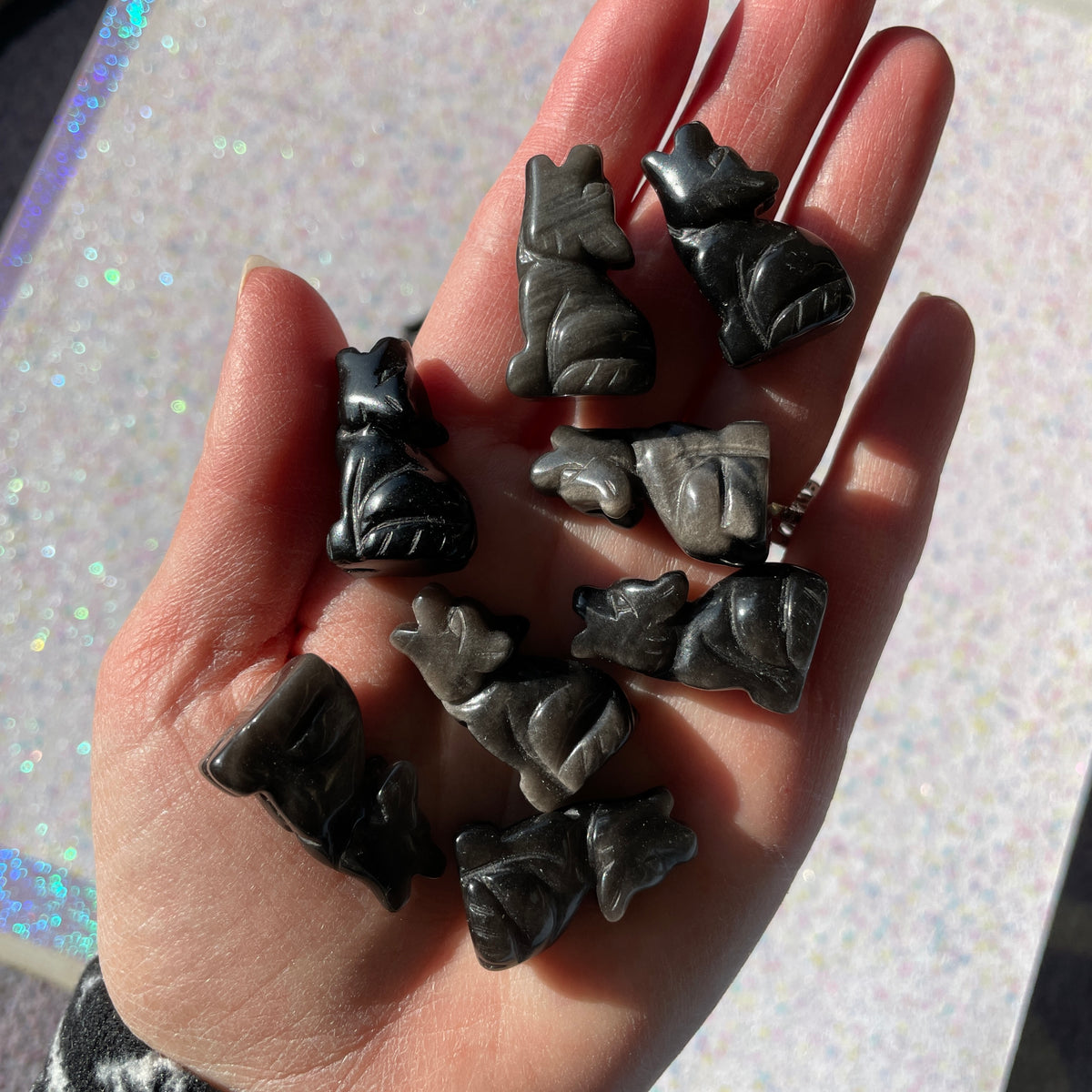 Silver Sheen Obsidian Wolf Carvings - Mini