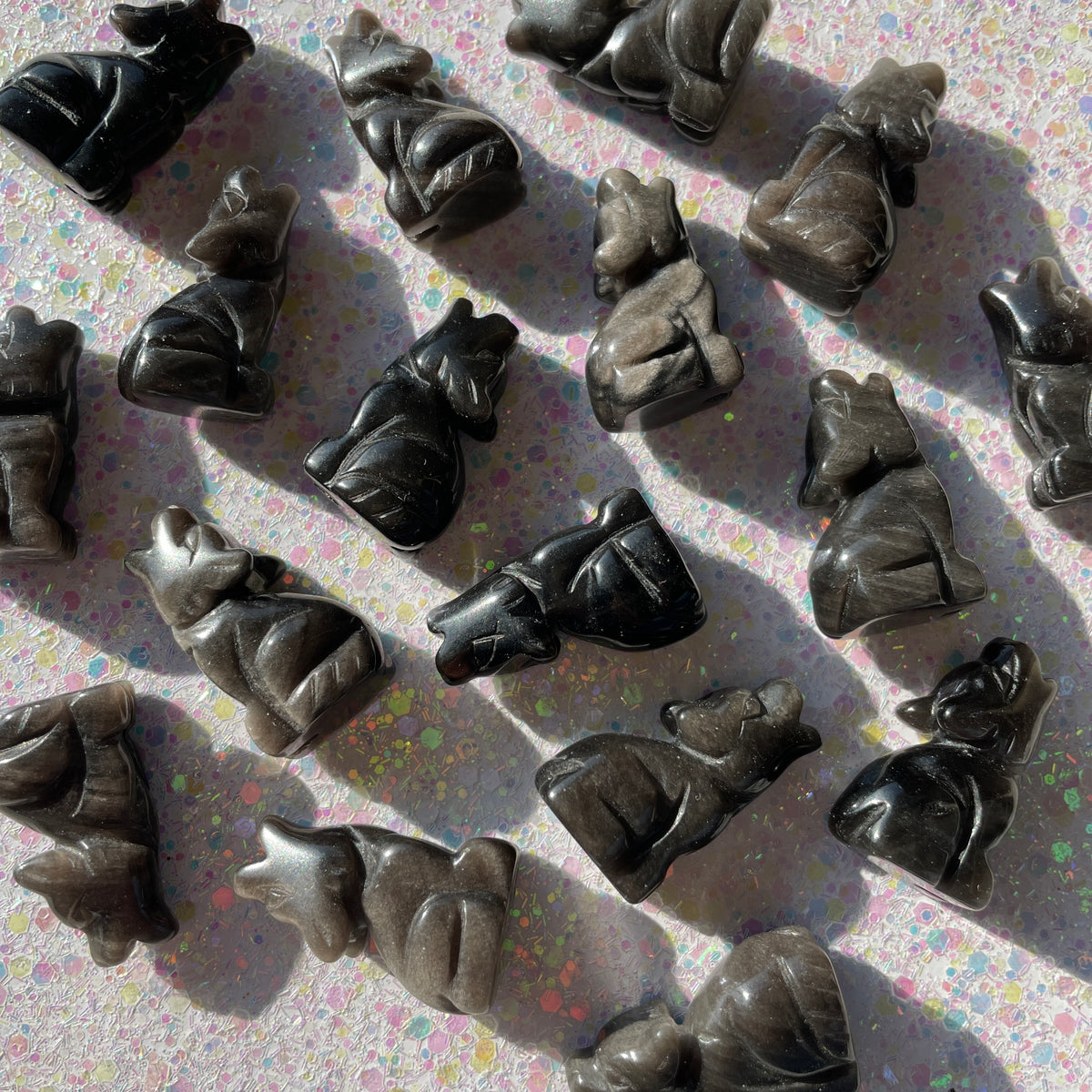 Silver Sheen Obsidian Wolf Carvings - Mini