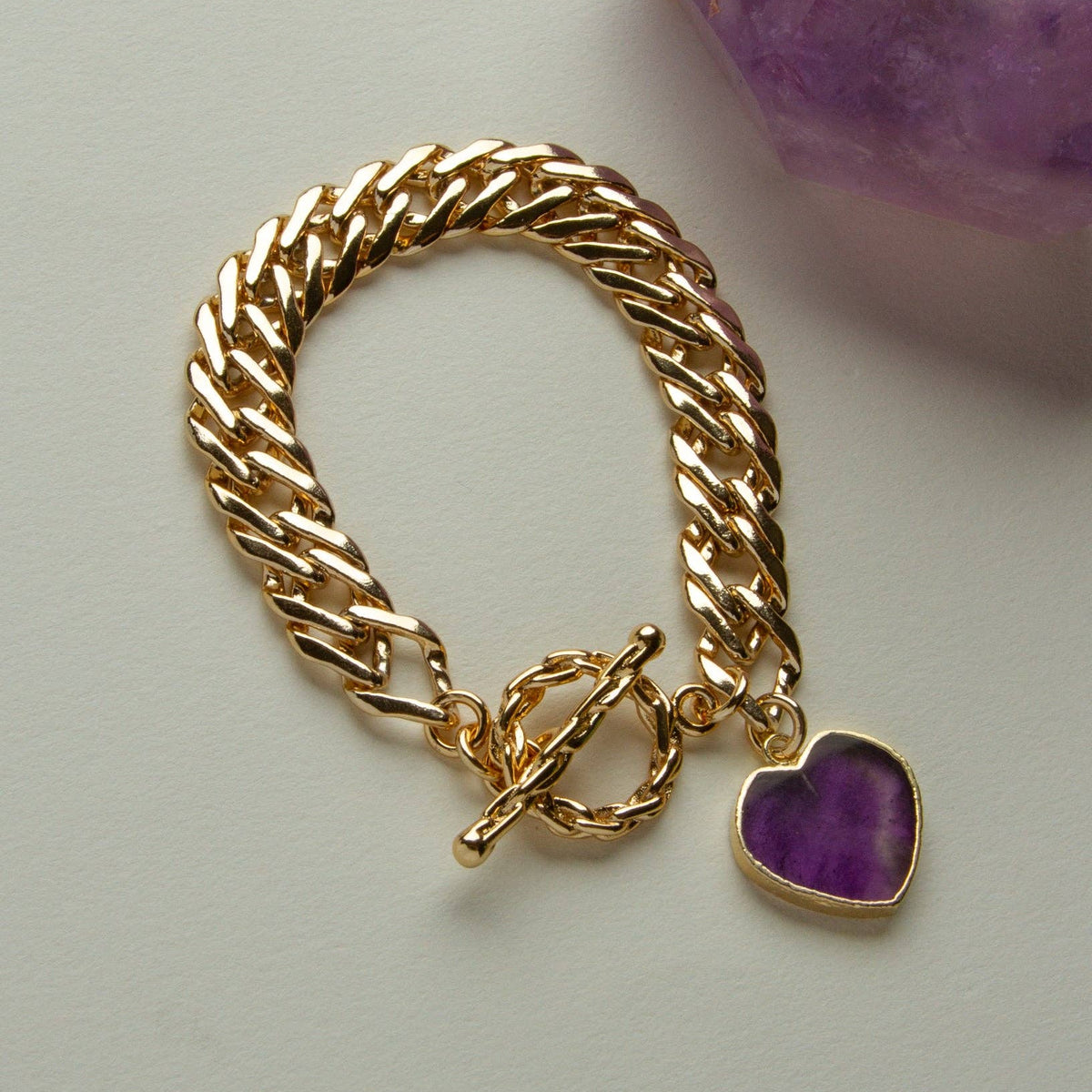 Amethyst Heart of Gold Toggle Charm Bracelet