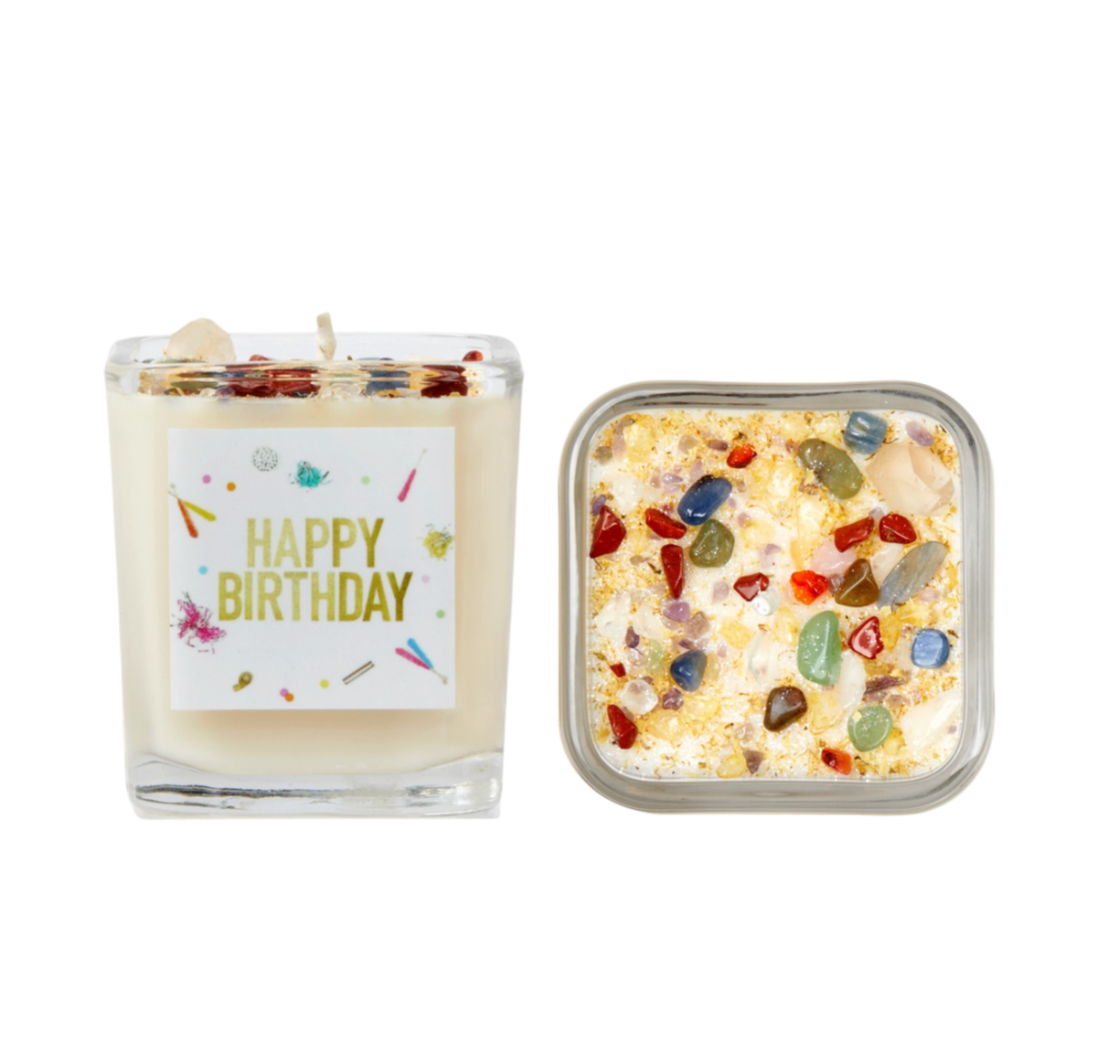 Happy Birthday! Square Glass Crystal &amp; Glitter Candle