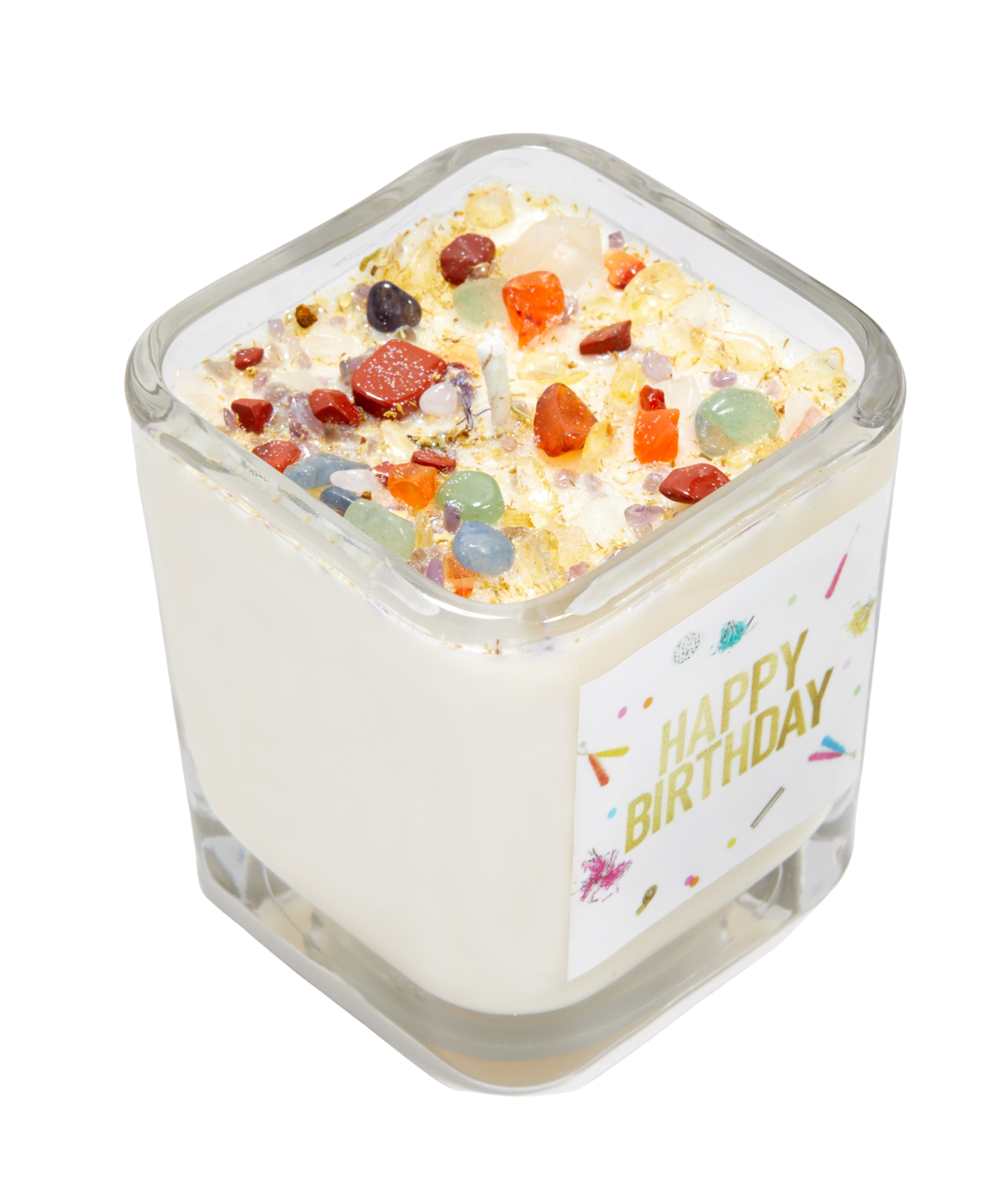 Happy Birthday! Square Glass Crystal &amp; Glitter Candle