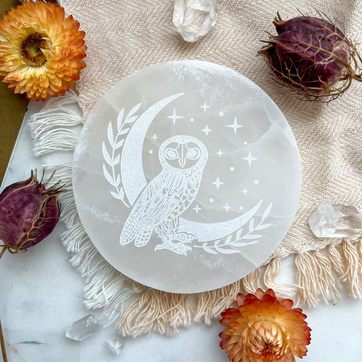 Owl Moon Halloween White Selenite Charging Plate