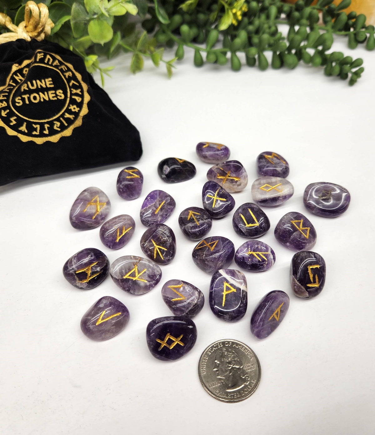 Chevron Amethyst Gemstone Rune Sets with Velvet Pouch