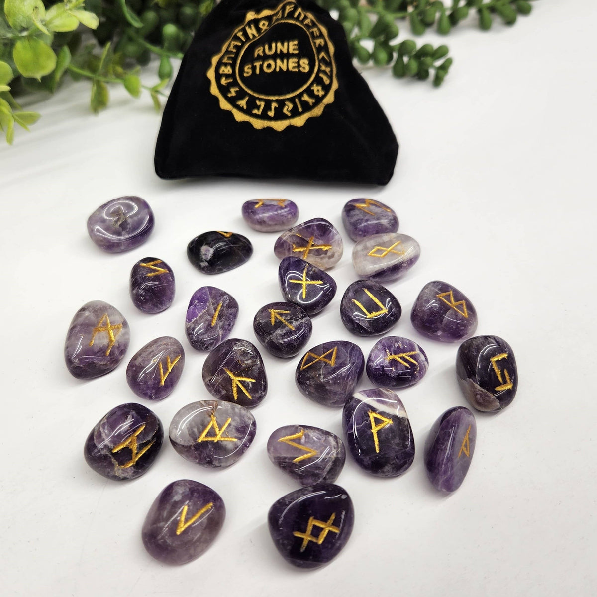 Chevron Amethyst Gemstone Rune Sets with Velvet Pouch