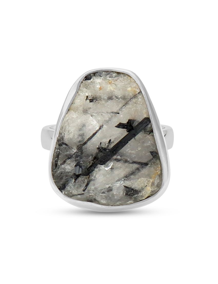 Raw Black Rutile Quartz Sterling Silver Ring - 005