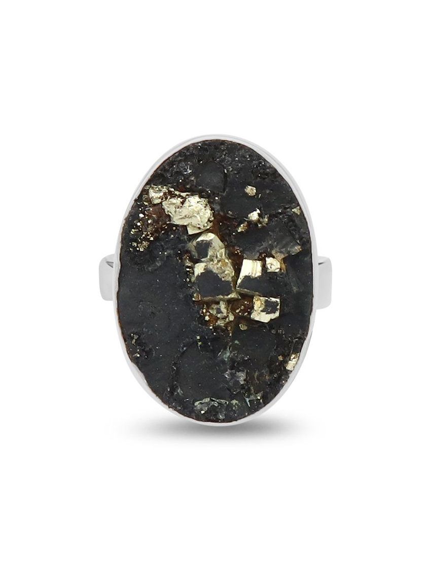 Pyrite on Basalt Adjustable Sterling Silver Ring - 031