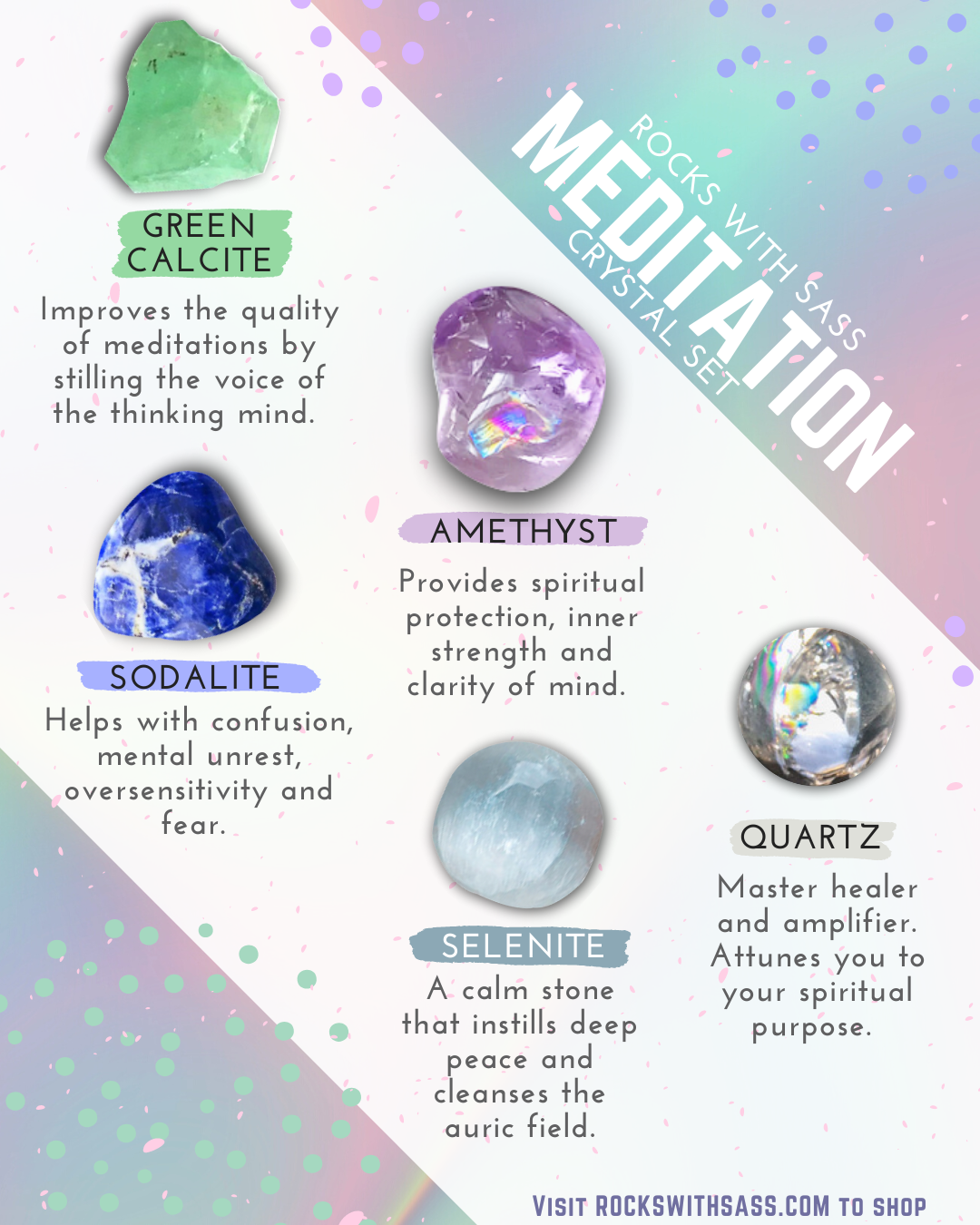 Crystals for Meditation - Selenite, Clear Quartz, Amethyst, Sodalite