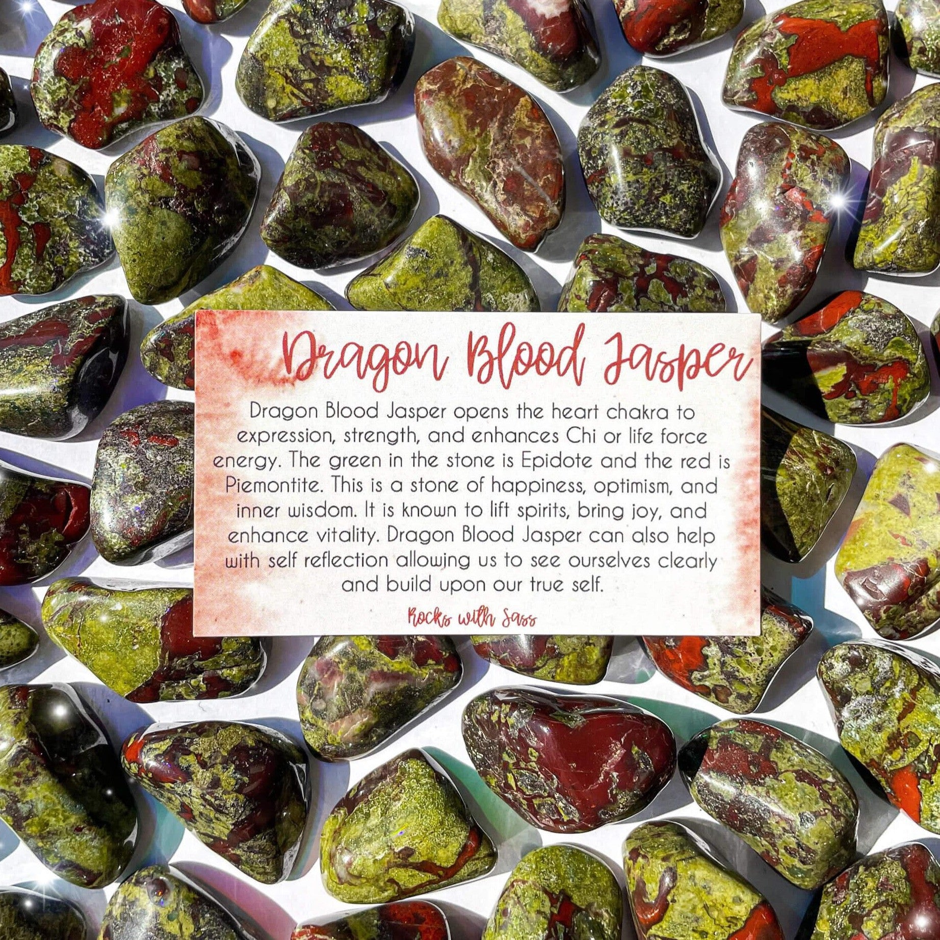 Small-sized Dragon Blood Jasper tumbled pocket stone.